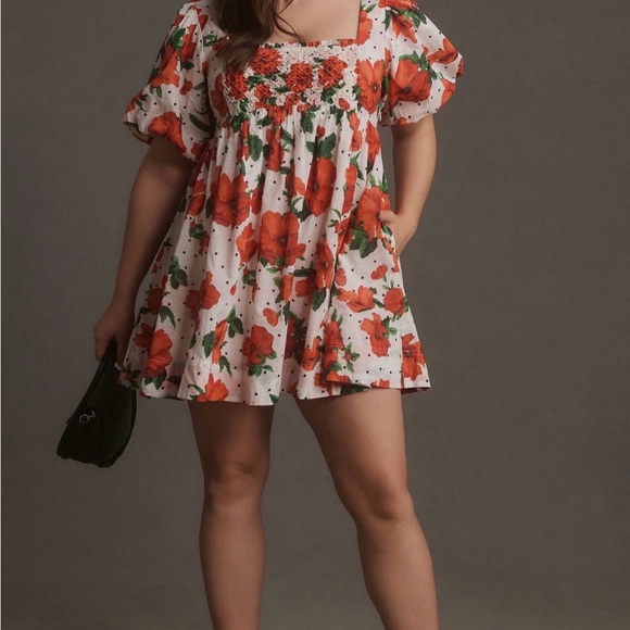 Maeve Dresses & Skirts - Great condition size M Maeve Red and White Floral Mini Dress. Babydoll. Smocked